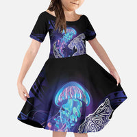 Polynesian Aumakua Family Matching Short Sleeve Bodycon Dress and Hawaiian Shirt Jellyfish with Shark - Polynesian Pride