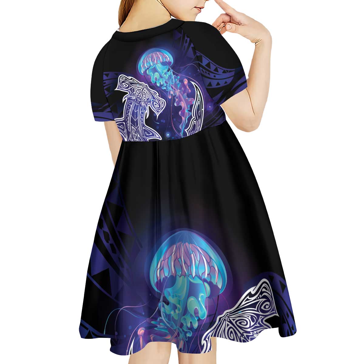Polynesian Aumakua Kid Short Sleeve Dress Jellyfish with Shark - Polynesian Pride