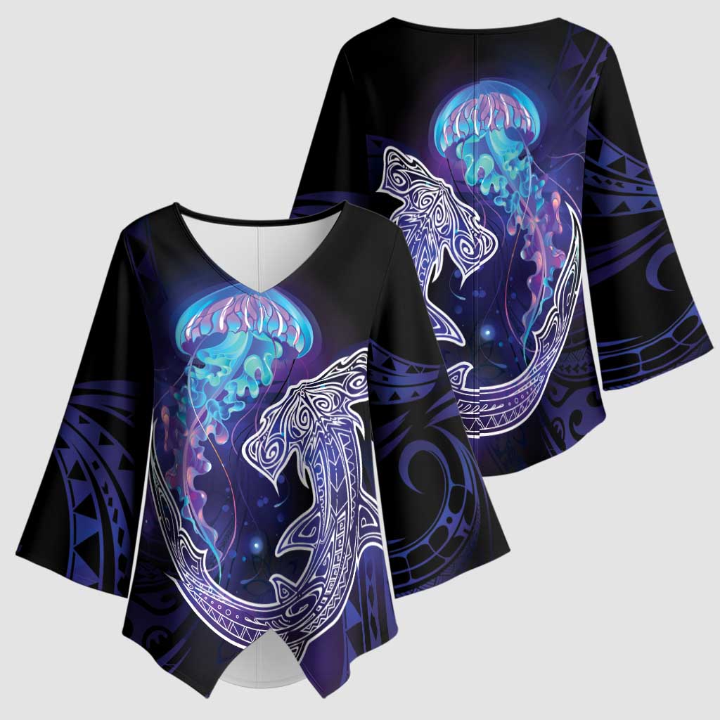 Polynesian Aumakua Kimono Sleeve Blouse Jellyfish with Shark - Polynesian Pride