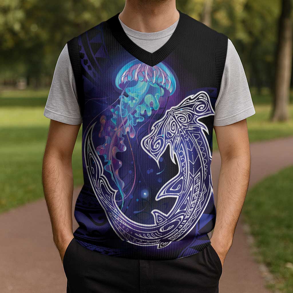 Polynesian Aumakua Christmas Knitted V-Neck Vest Jellyfish with Shark - Polynesian Pride