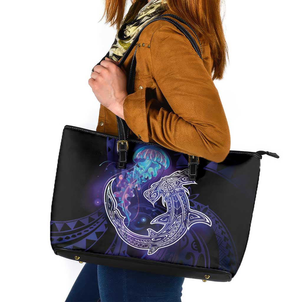 Polynesian Aumakua Leather Tote Bag Jellyfish with Shark - Polynesian Pride