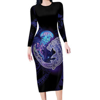 Polynesian Aumakua Long Sleeve Bodycon Dress Jellyfish with Shark - Polynesian Pride