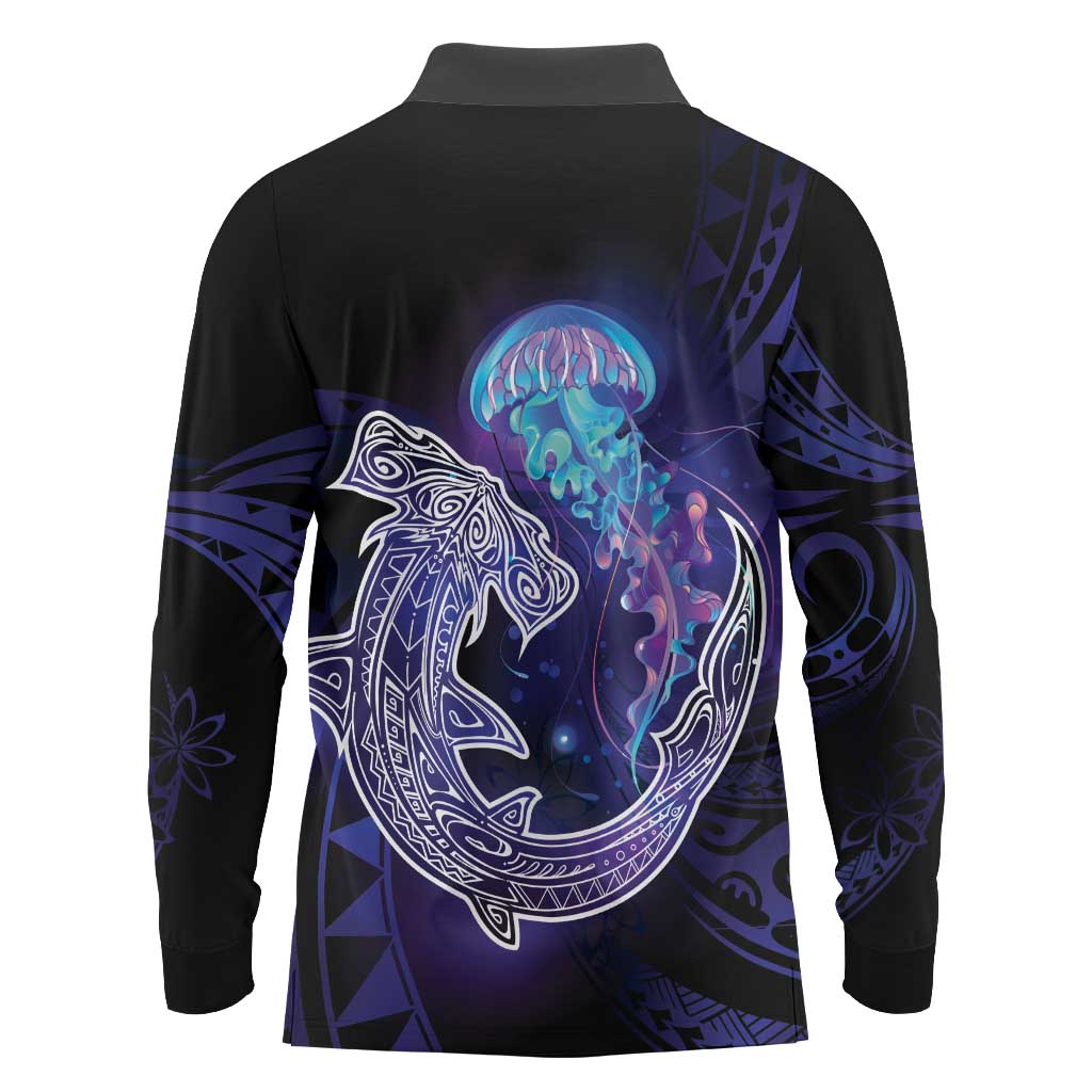 Polynesian Aumakua Long Sleeve Polo Shirt Jellyfish with Shark - Polynesian Pride