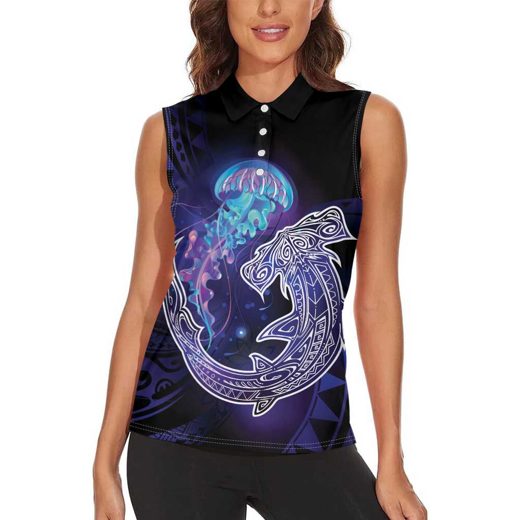 Polynesian Aumakua Women Sleeveless Polo Shirt Jellyfish with Shark - Polynesian Pride