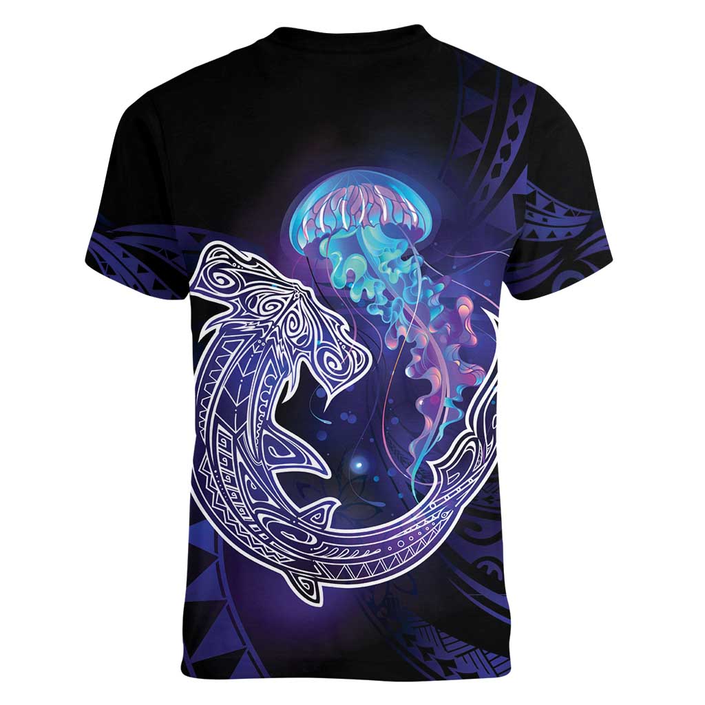 Polynesian Aumakua Women V-Neck T-Shirt Jellyfish with Shark - Polynesian Pride