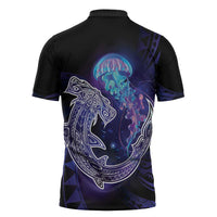 Polynesian Aumakua Zipper Polo Shirt Jellyfish with Shark - Polynesian Pride