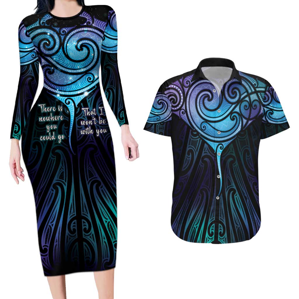 Aotearoa Maori Te Whai Rahi Couples Matching Long Sleeve Bodycon Dress and Hawaiian Shirt Tala - Nowhere You Could Go That I Won't Be With You LT7 Teal Purple - Polynesian Pride