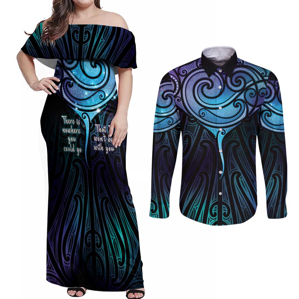 Aotearoa Maori Te Whai Rahi Couples Matching Off Shoulder Maxi Dress and Long Sleeve Button Shirt Tala - Nowhere You Could Go That I Won't Be With You LT7 Teal Purple - Polynesian Pride
