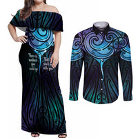 Aotearoa Maori Te Whai Rahi Couples Matching Off Shoulder Maxi Dress and Long Sleeve Button Shirt Tala - Nowhere You Could Go That I Won't Be With You LT7 Teal Purple - Polynesian Pride