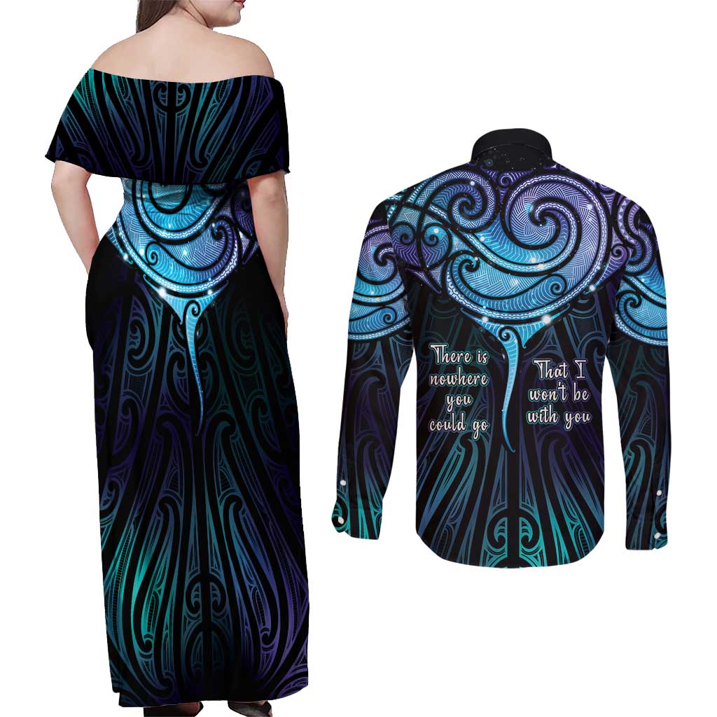 Aotearoa Maori Te Whai Rahi Couples Matching Off Shoulder Maxi Dress and Long Sleeve Button Shirt Tala - Nowhere You Could Go That I Won't Be With You LT7 - Polynesian Pride