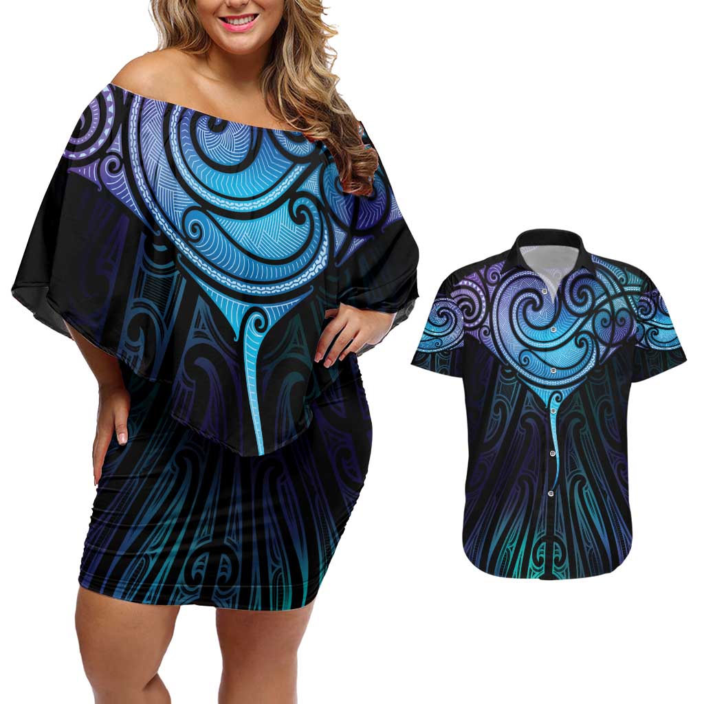 Aotearoa Maori Te Whai Rahi Couples Matching Off Shoulder Short Dress and Hawaiian Shirt Tala - Nowhere You Could Go That I Won't Be With You LT7 Teal Purple - Polynesian Pride