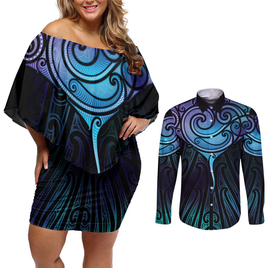Aotearoa Maori Te Whai Rahi Couples Matching Off Shoulder Short Dress and Long Sleeve Button Shirt Tala - Nowhere You Could Go That I Won't Be With You LT7 Teal Purple - Polynesian Pride