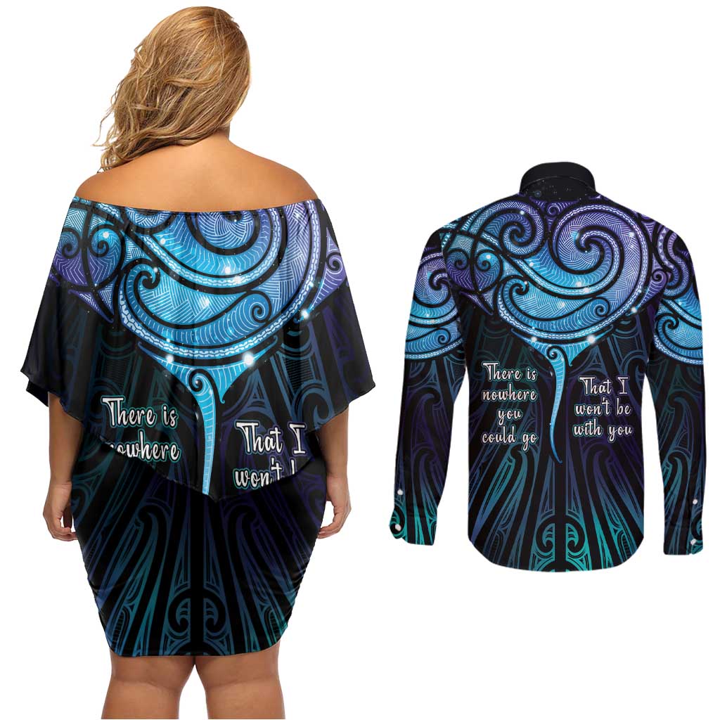 Aotearoa Maori Te Whai Rahi Couples Matching Off Shoulder Short Dress and Long Sleeve Button Shirt Tala - Nowhere You Could Go That I Won't Be With You LT7 - Polynesian Pride