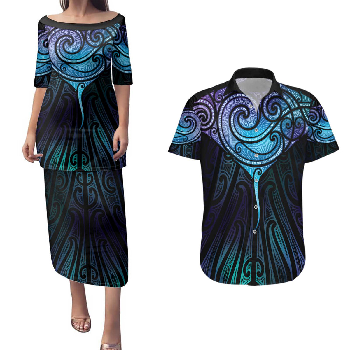 Aotearoa Maori Te Whai Rahi Couples Matching Puletasi and Hawaiian Shirt Tala - Nowhere You Could Go That I Won't Be With You LT7 Teal Purple - Polynesian Pride