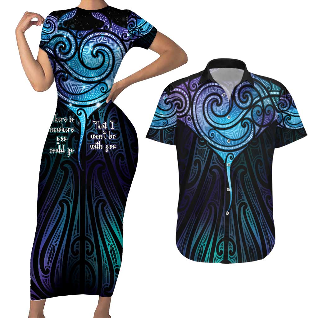 Aotearoa Maori Te Whai Rahi Couples Matching Short Sleeve Bodycon Dress and Hawaiian Shirt Tala - Nowhere You Could Go That I Won't Be With You LT7 Teal Purple - Polynesian Pride