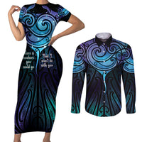 Aotearoa Maori Te Whai Rahi Couples Matching Short Sleeve Bodycon Dress and Long Sleeve Button Shirt Tala - Nowhere You Could Go That I Won't Be With You LT7 Teal Purple - Polynesian Pride