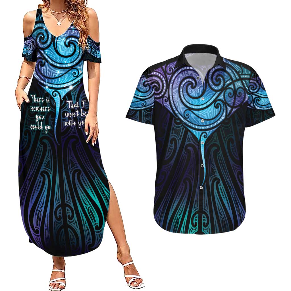 Aotearoa Maori Te Whai Rahi Couples Matching Summer Maxi Dress and Hawaiian Shirt Tala - Nowhere You Could Go That I Won't Be With You LT7 Teal Purple - Polynesian Pride
