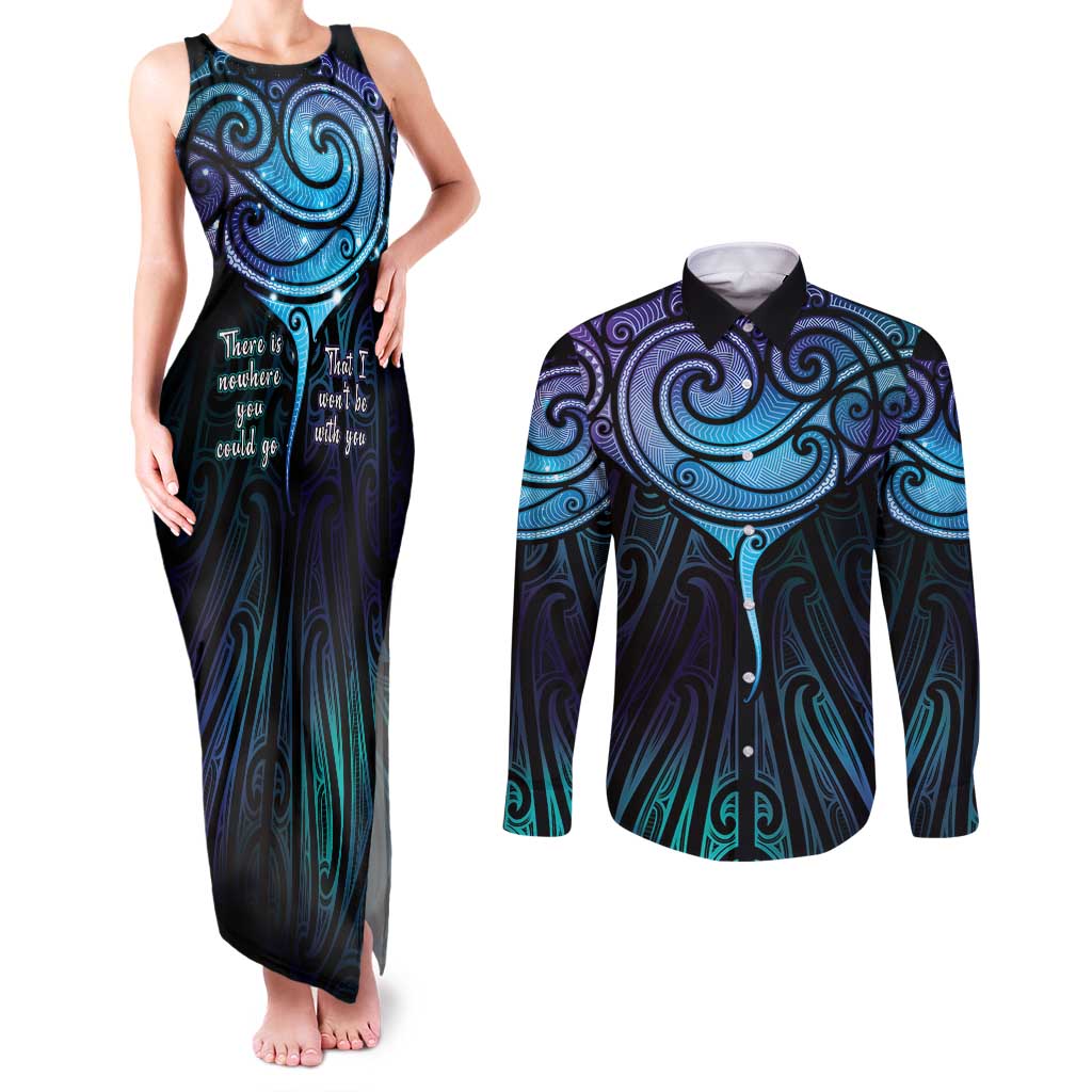 Aotearoa Maori Te Whai Rahi Couples Matching Tank Maxi Dress and Long Sleeve Button Shirt Tala - Nowhere You Could Go That I Won't Be With You LT7 Teal Purple - Polynesian Pride