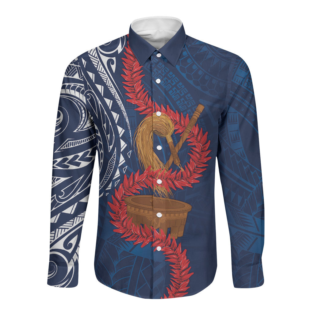 Talofa Samoa Tanoa Fue Mix Ulafala Long Sleeve Button Shirt LT7 Unisex Navy Blue - Polynesian Pride