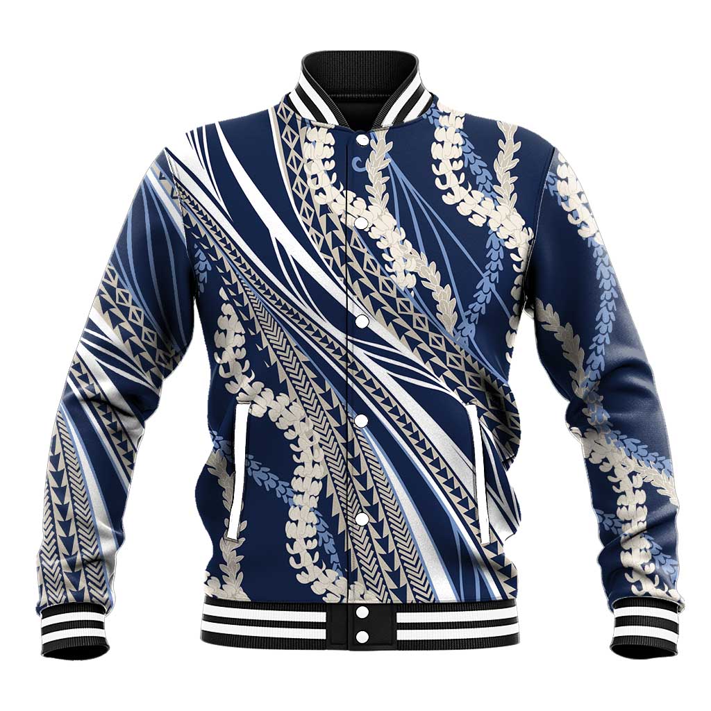 Polynesian Puakeniken Pikake Twisted Lei Baseball Jacket Navy Blue - Polynesian Pride