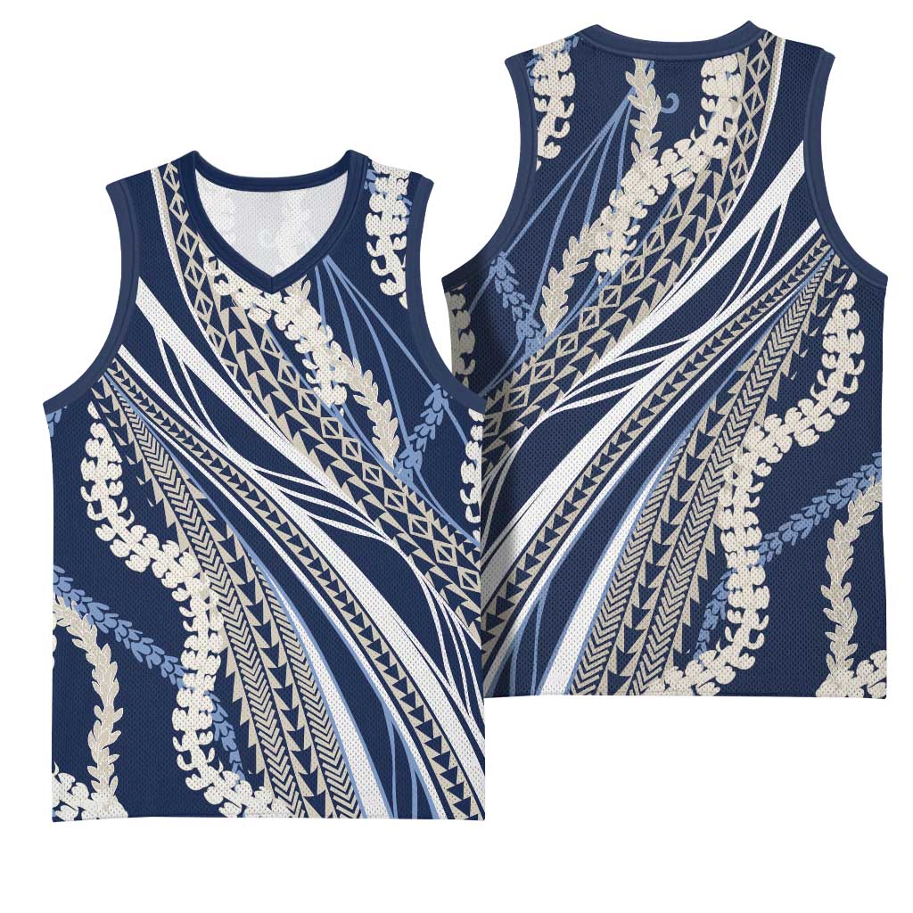 Polynesian Puakeniken Pikake Twisted Lei Basketball Jersey Navy Blue - Polynesian Pride