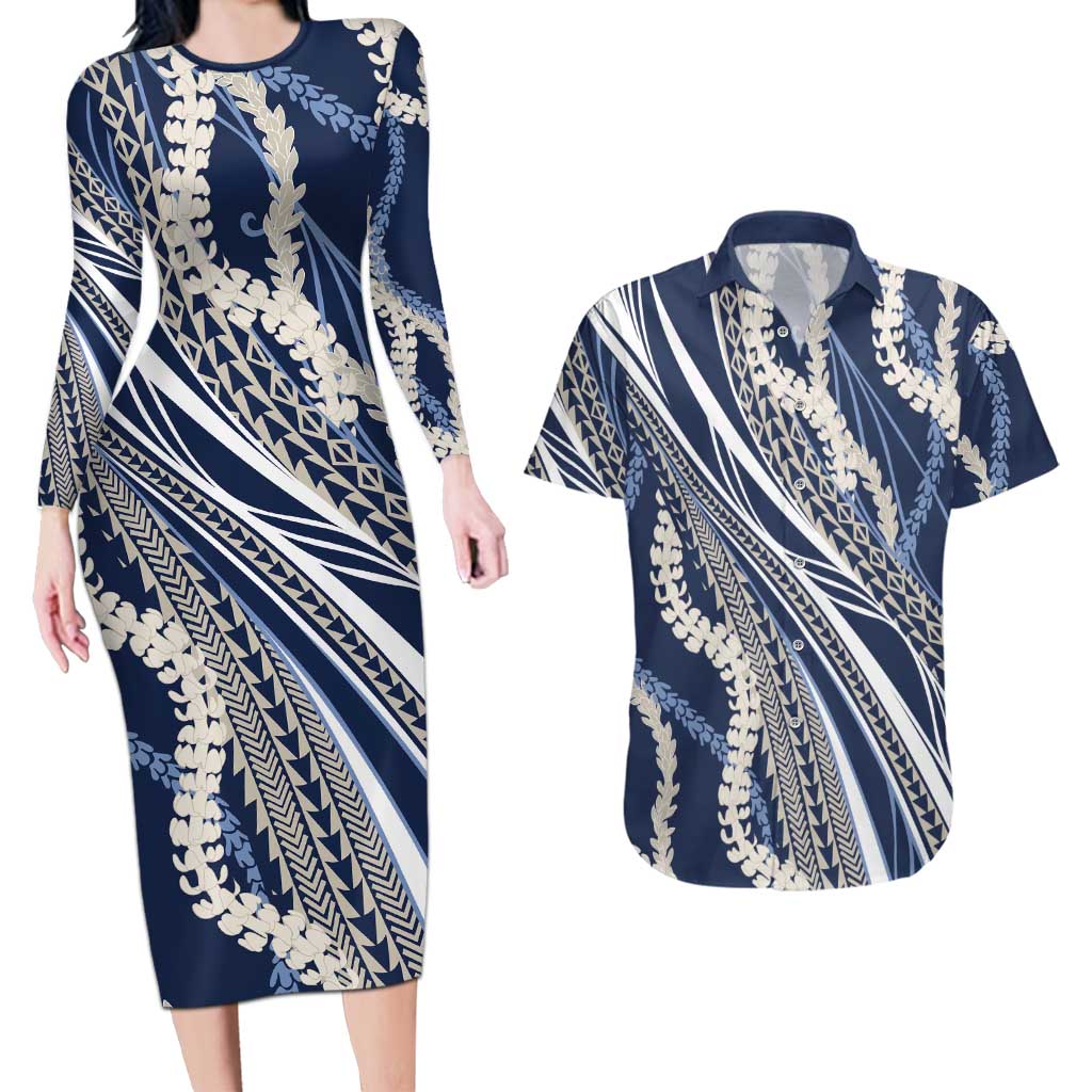 Polynesian Puakeniken Pikake Twisted Lei Couples Matching Long Sleeve Bodycon Dress and Hawaiian Shirt Navy Blue LT7 Navy Blue - Polynesian Pride