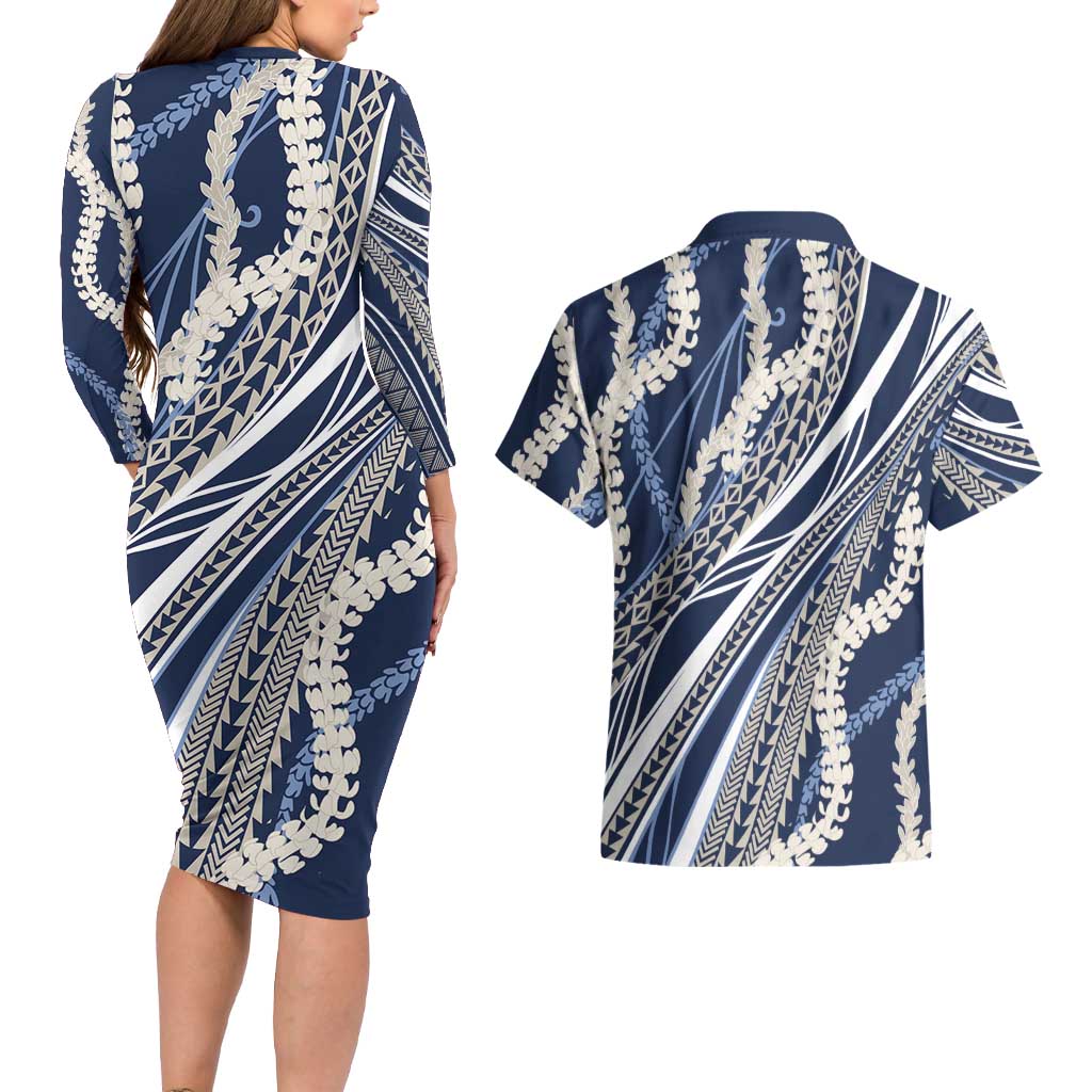 Polynesian Puakeniken Pikake Twisted Lei Couples Matching Long Sleeve Bodycon Dress and Hawaiian Shirt Navy Blue LT7 - Polynesian Pride