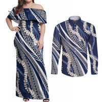 Polynesian Puakeniken Pikake Twisted Lei Couples Matching Off Shoulder Maxi Dress and Long Sleeve Button Shirt Navy Blue - Polynesian Pride