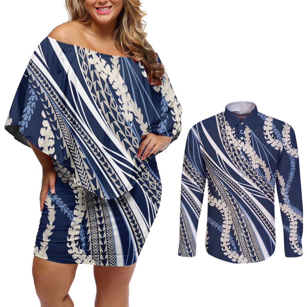 Polynesian Puakeniken Pikake Twisted Lei Couples Matching Off Shoulder Short Dress and Long Sleeve Button Shirt Navy Blue - Polynesian Pride