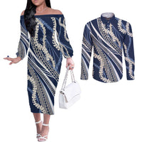 Polynesian Puakeniken Pikake Twisted Lei Couples Matching Off The Shoulder Long Sleeve Dress and Long Sleeve Button Shirt Navy Blue - Polynesian Pride