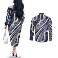 Polynesian Puakeniken Pikake Twisted Lei Couples Matching Off The Shoulder Long Sleeve Dress and Long Sleeve Button Shirt Navy Blue - Polynesian Pride