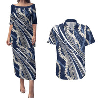 Polynesian Puakeniken Pikake Twisted Lei Couples Matching Puletasi and Hawaiian Shirt Navy Blue - Polynesian Pride