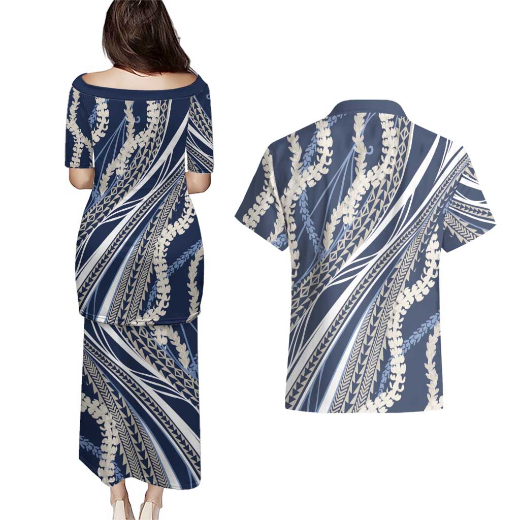 Polynesian Puakeniken Pikake Twisted Lei Couples Matching Puletasi and Hawaiian Shirt Navy Blue - Polynesian Pride