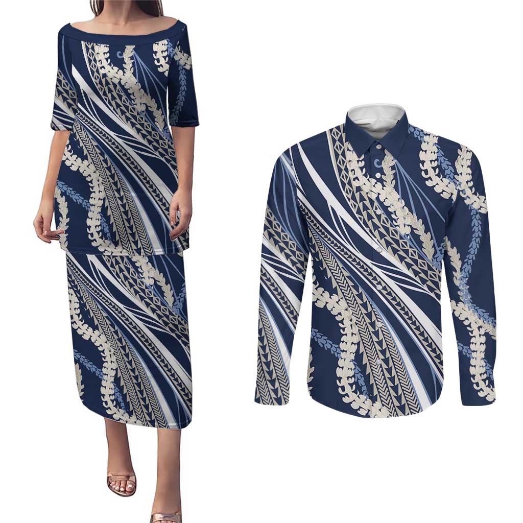 Polynesian Puakeniken Pikake Twisted Lei Couples Matching Puletasi and Long Sleeve Button Shirt Navy Blue - Polynesian Pride
