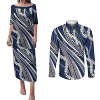 Polynesian Puakeniken Pikake Twisted Lei Couples Matching Puletasi and Long Sleeve Button Shirt Navy Blue - Polynesian Pride