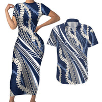Polynesian Puakeniken Pikake Twisted Lei Couples Matching Short Sleeve Bodycon Dress and Hawaiian Shirt Navy Blue - Polynesian Pride