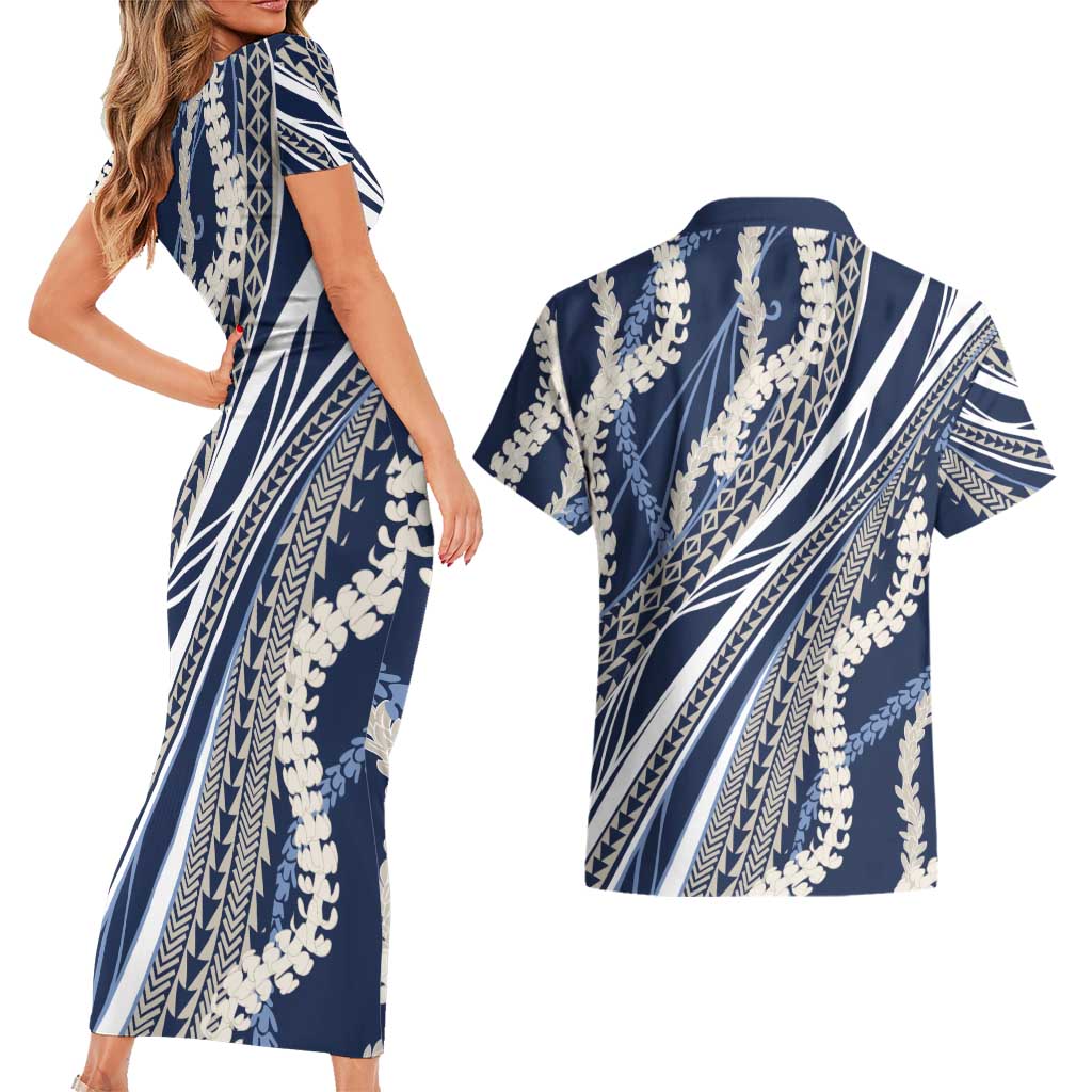 Polynesian Puakeniken Pikake Twisted Lei Couples Matching Short Sleeve Bodycon Dress and Hawaiian Shirt Navy Blue - Polynesian Pride