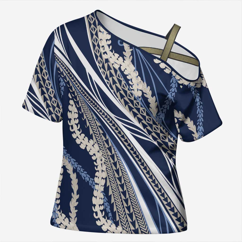 Polynesian Puakeniken Pikake Twisted Lei Cross Shoulder Shirt Navy Blue - Polynesian Pride