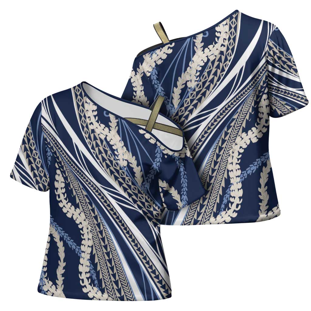 Polynesian Puakeniken Pikake Twisted Lei Cross Shoulder Shirt Navy Blue - Polynesian Pride