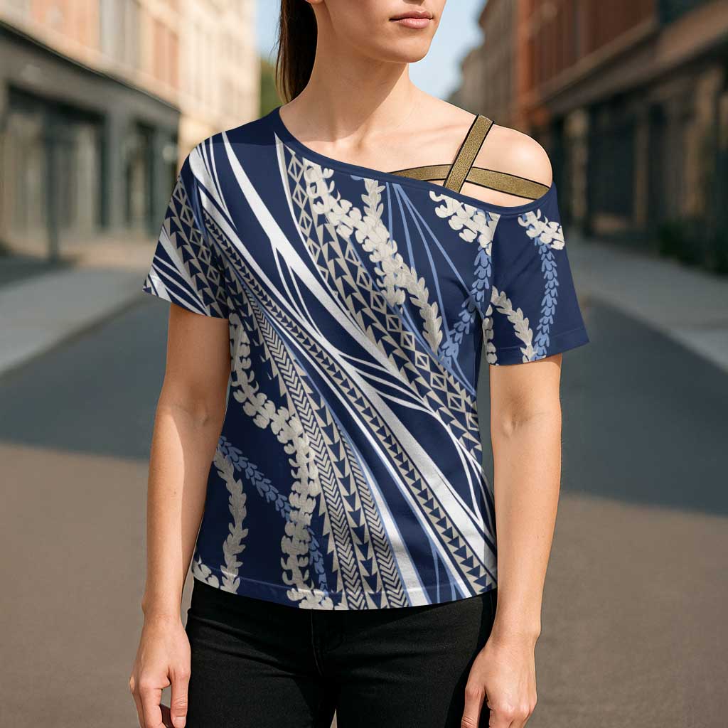 Polynesian Puakeniken Pikake Twisted Lei Cross Shoulder Shirt Navy Blue - Polynesian Pride