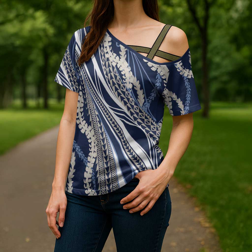 Polynesian Puakeniken Pikake Twisted Lei Cross Shoulder Shirt Navy Blue - Polynesian Pride