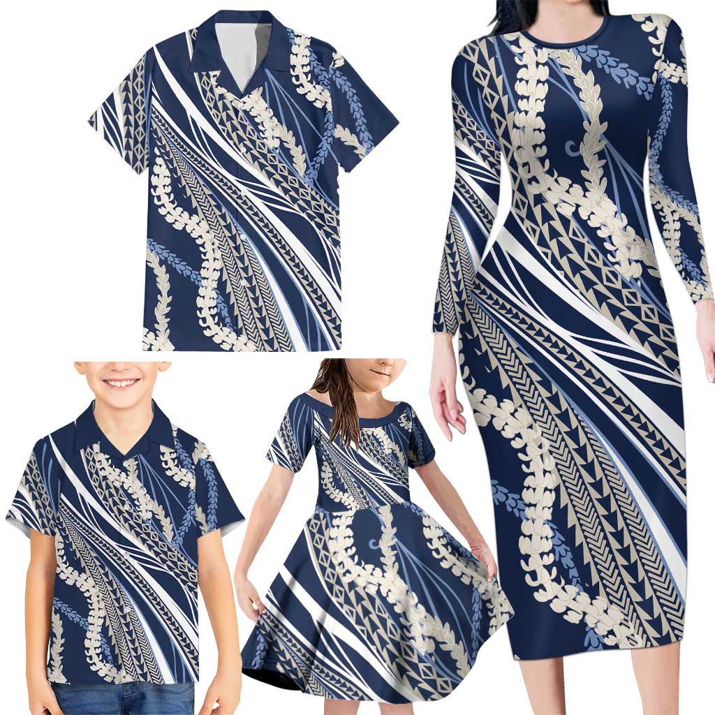 Polynesian Puakeniken Pikake Twisted Lei Family Matching Long Sleeve Bodycon Dress and Hawaiian Shirt Navy Blue LT7 - Polynesian Pride