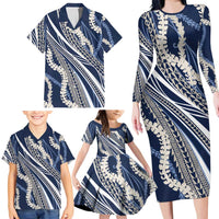 Polynesian Puakeniken Pikake Twisted Lei Family Matching Long Sleeve Bodycon Dress and Hawaiian Shirt Navy Blue LT7 - Polynesian Pride