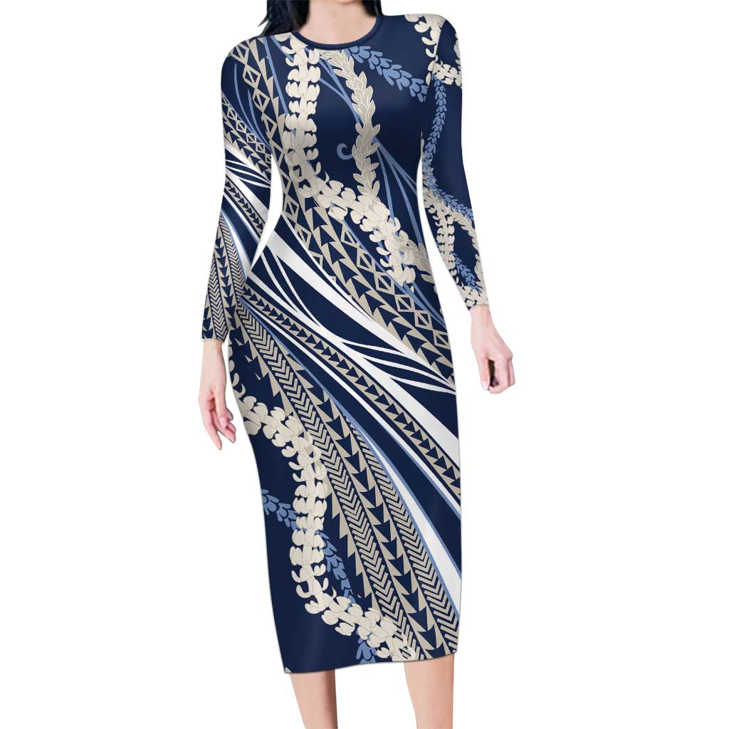 Polynesian Puakeniken Pikake Twisted Lei Family Matching Long Sleeve Bodycon Dress and Hawaiian Shirt Navy Blue LT7 Mom's Dress Navy Blue - Polynesian Pride
