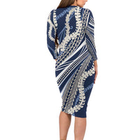 Polynesian Puakeniken Pikake Twisted Lei Family Matching Long Sleeve Bodycon Dress and Hawaiian Shirt Navy Blue LT7 - Polynesian Pride