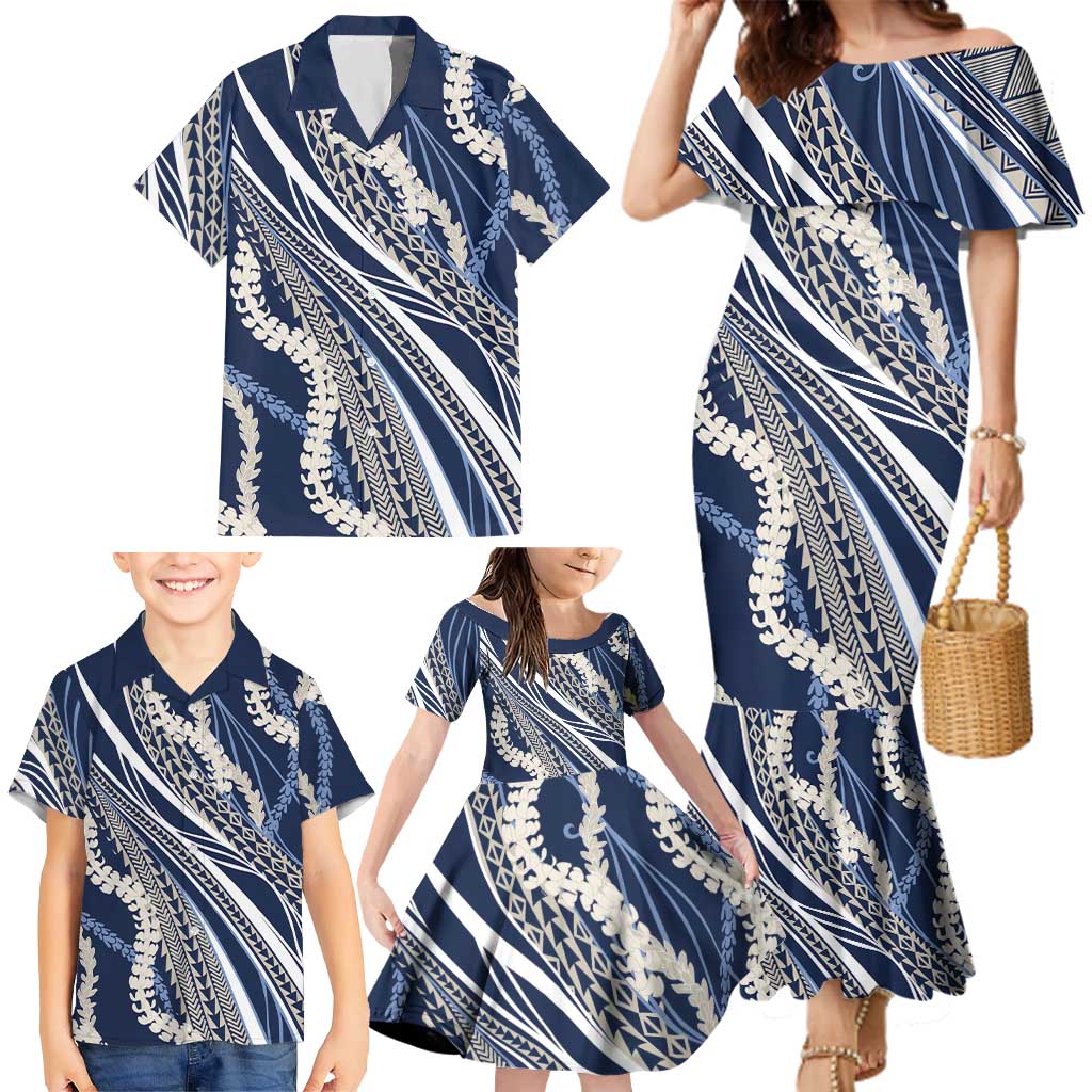 Polynesian Puakeniken Pikake Twisted Lei Family Matching Mermaid Dress and Hawaiian Shirt Navy Blue LT7 - Polynesian Pride