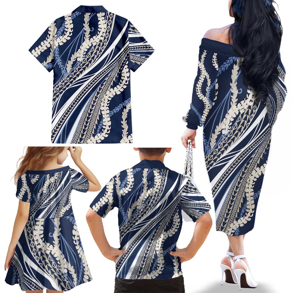 Polynesian Puakeniken Pikake Twisted Lei Family Matching Off The Shoulder Long Sleeve Dress and Hawaiian Shirt Navy Blue LT7 - Polynesian Pride