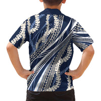 Polynesian Puakeniken Pikake Twisted Lei Family Matching Off Shoulder Maxi Dress and Hawaiian Shirt Navy Blue LT7 - Polynesian Pride