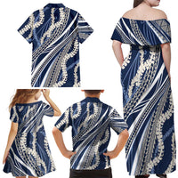 Polynesian Puakeniken Pikake Twisted Lei Family Matching Off Shoulder Maxi Dress and Hawaiian Shirt Navy Blue LT7 - Polynesian Pride
