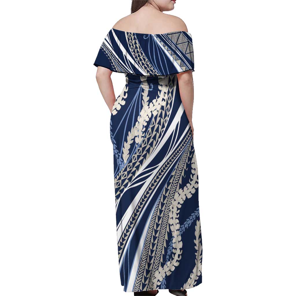 Polynesian Puakeniken Pikake Twisted Lei Family Matching Off Shoulder Maxi Dress and Hawaiian Shirt Navy Blue LT7 - Polynesian Pride